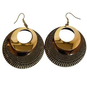 Vintage Gold Tone Textured Statement Hoop Dangle Earrings Large 80s